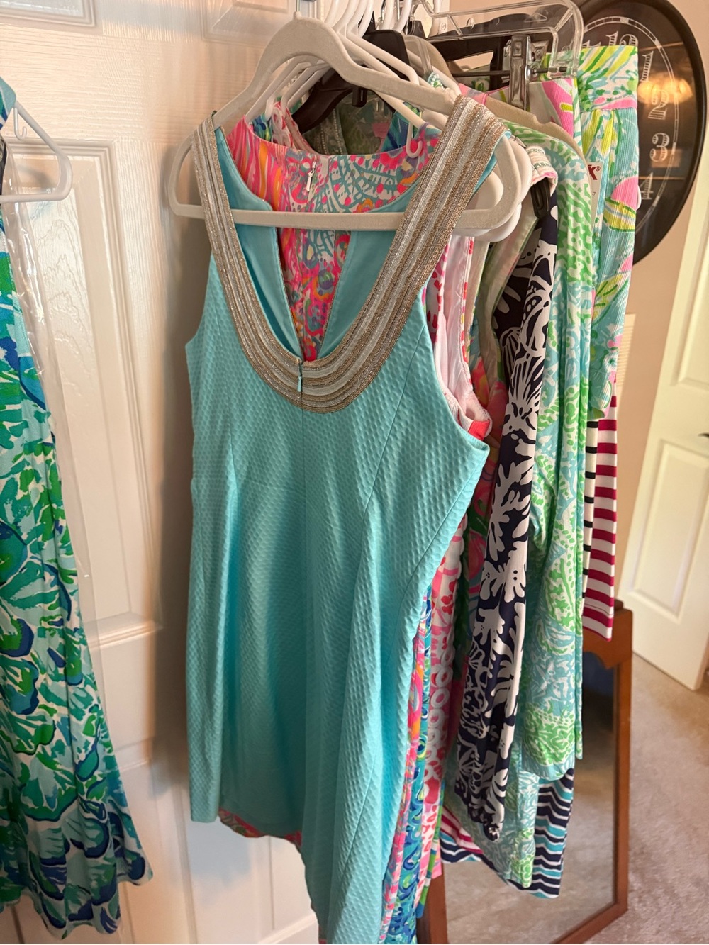 Lilly Pulitzer Aqua Mini Dress with Gold Beaded V-Neck - Picture 3 of 3